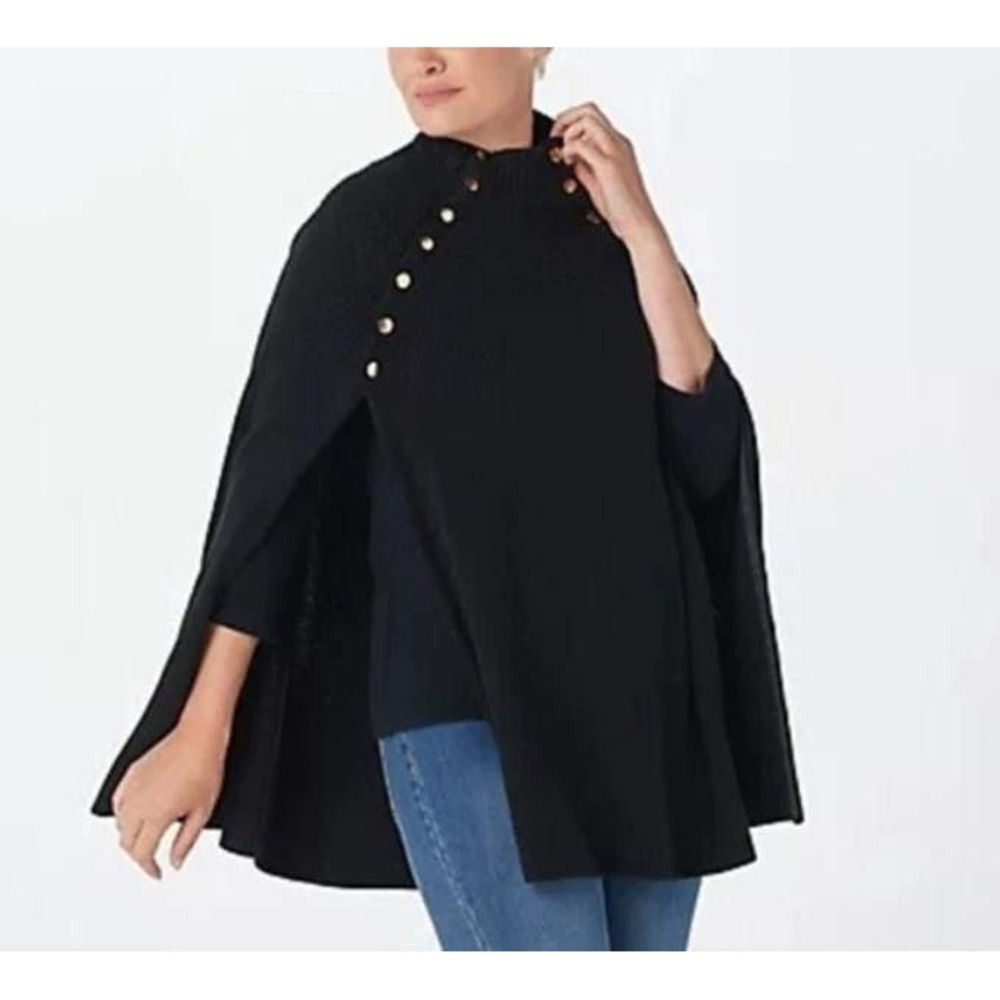 Gilli Black Knit Cape Sweater Gold Button Mock Neck M/L NWOT
